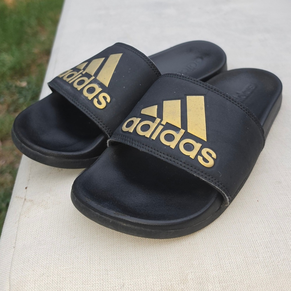 Adidas Adilette Shower Slides Black Gold Metallic Logo Sandals B41742 Mens 7